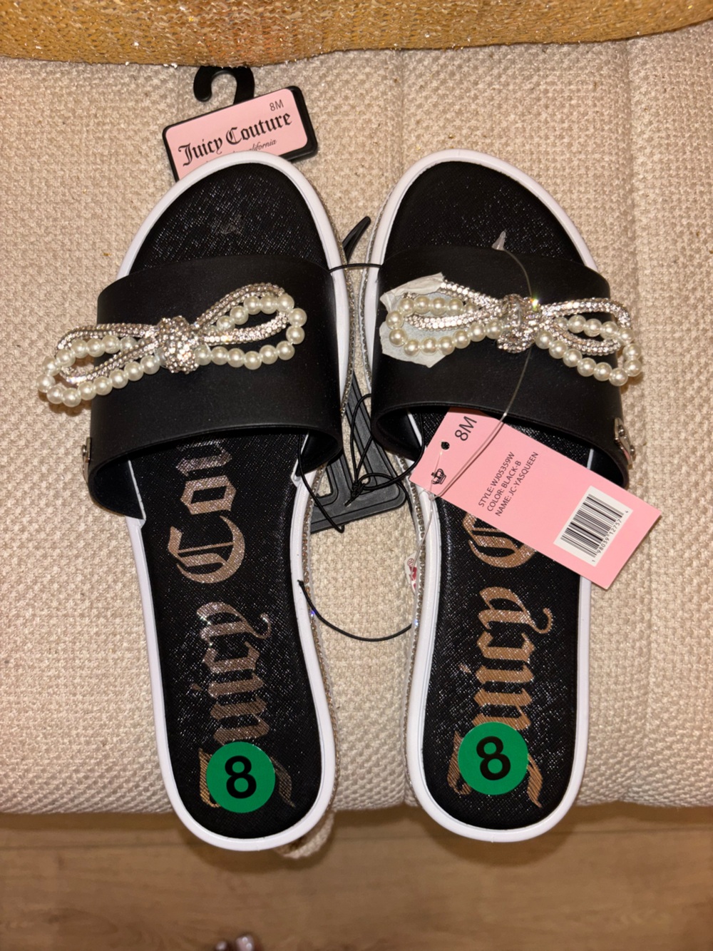 Juicy Couture Black Slide Sandals with Pearl & Crystal Bow
